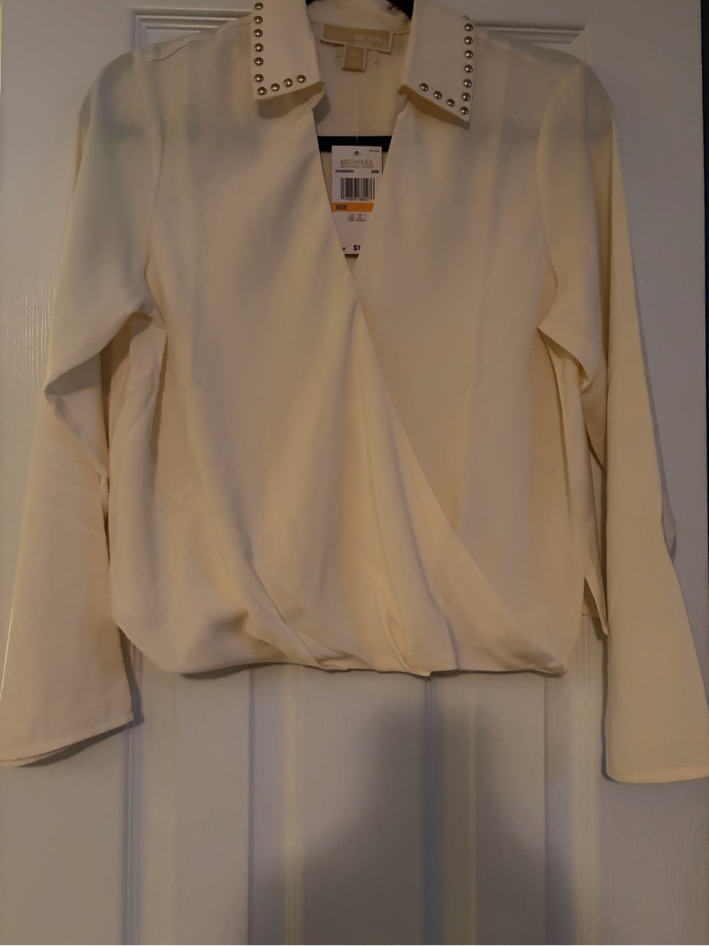Michael Kors Ivory Wrap-Front Blouse with Studded Collar